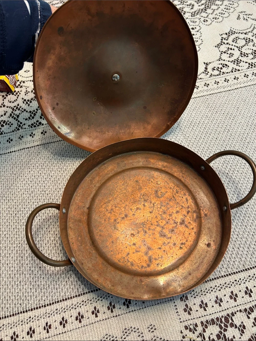 Vintage Antique Copper Two-Handled Covered Dish with White Knob 8” by 10”